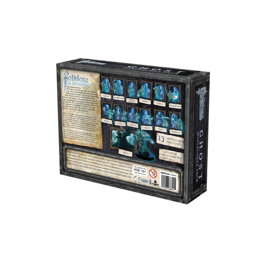 Back of a black box for &quot;Folklore: The Affliction Ghost Miniatures Pack,&quot; displaying 13 ghostly figures and a green wraith.