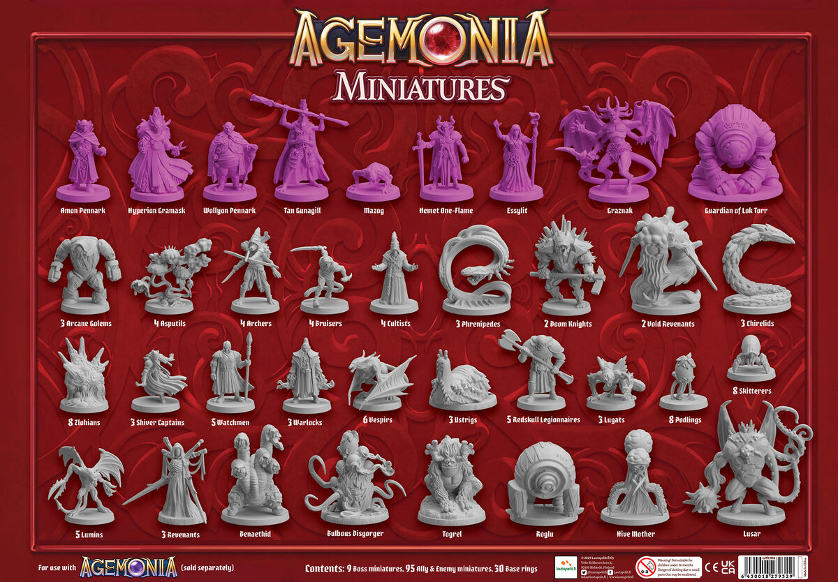 Complete Agemonia miniatures set laid out on display