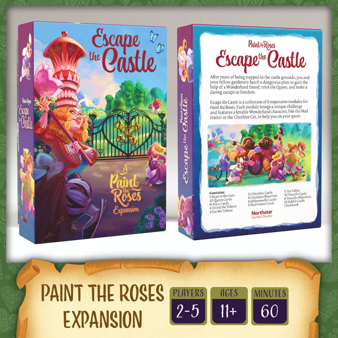 Paint the Roses Escape the Castle expansion box with players ages and minutes information below