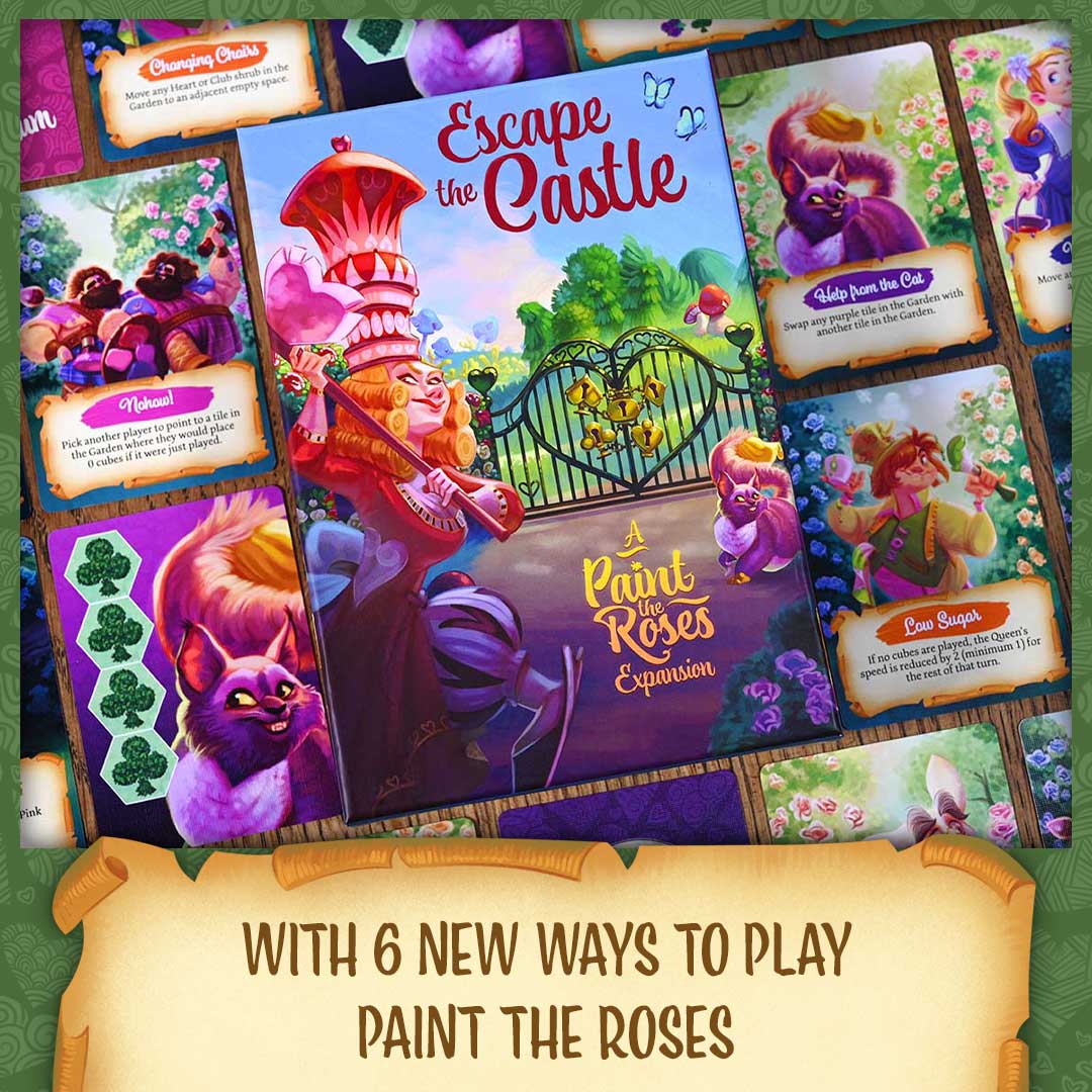 Escape the Castle Paint the Roses board game expansion box and component cards