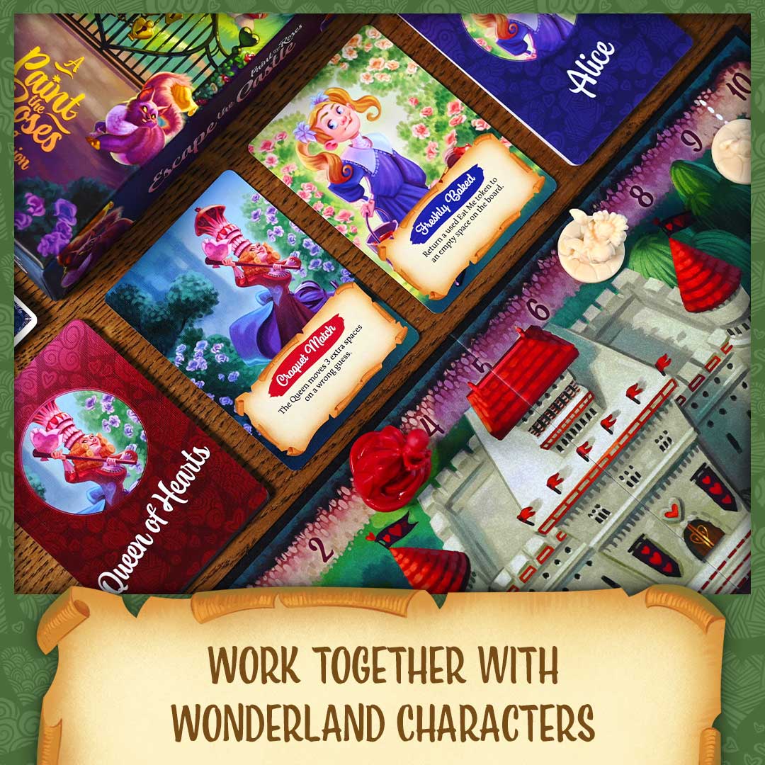 Overhead view of the Paint the Roses Escape the Castle board game with cards featuring Alice in Wonderland characters and colorful castle pieces