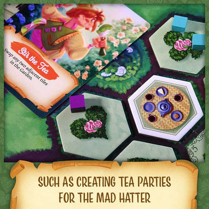 Board game tiles and cards featuring illustrations of tea parties and garden elements like topiary hearts and roses
