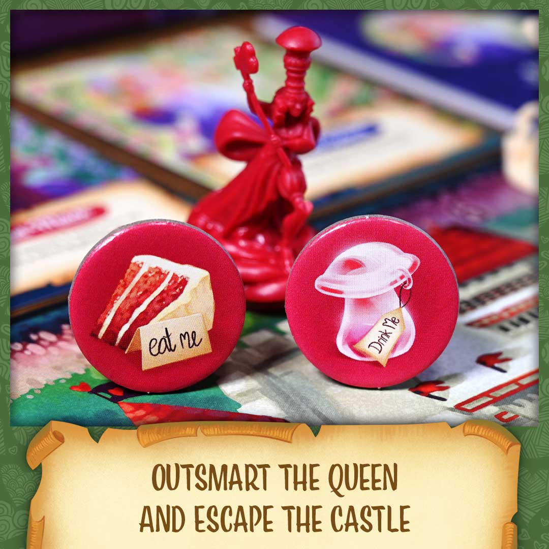 Two red tokens with eat me cake and drink me mushroom illustrations next to a red Queen of Hearts miniature for an Alice in Wonderland board game