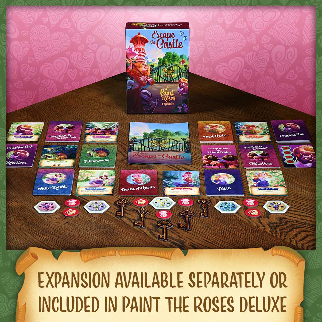 Paint the Roses Escape the Castle Expansion board game components on a wooden table