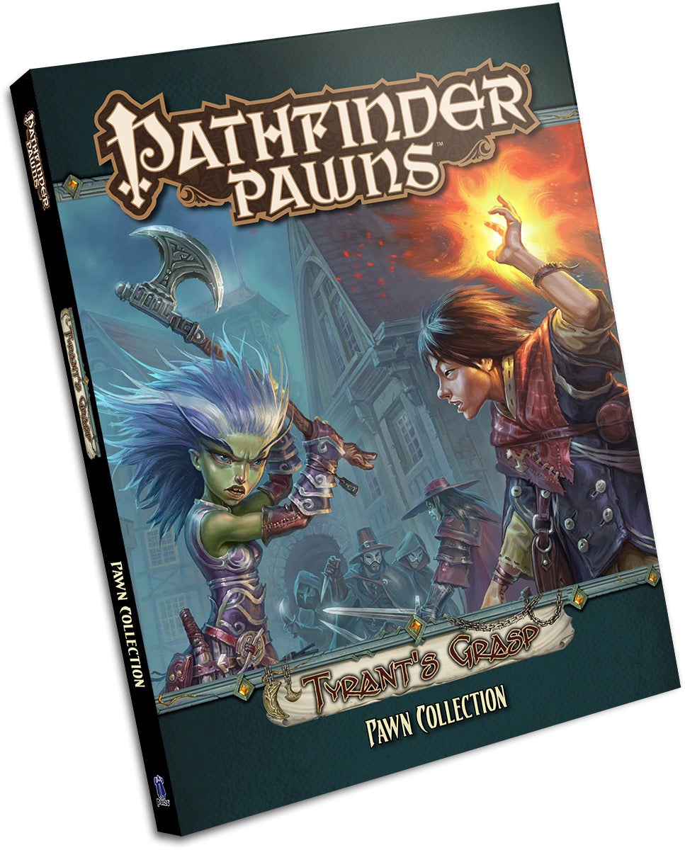 Pathfinder Pawns: Tyrant's Grasp Pawn Collection cover. Axe-wielding green-skinned woman battles male fire spellcaster in a dark city.