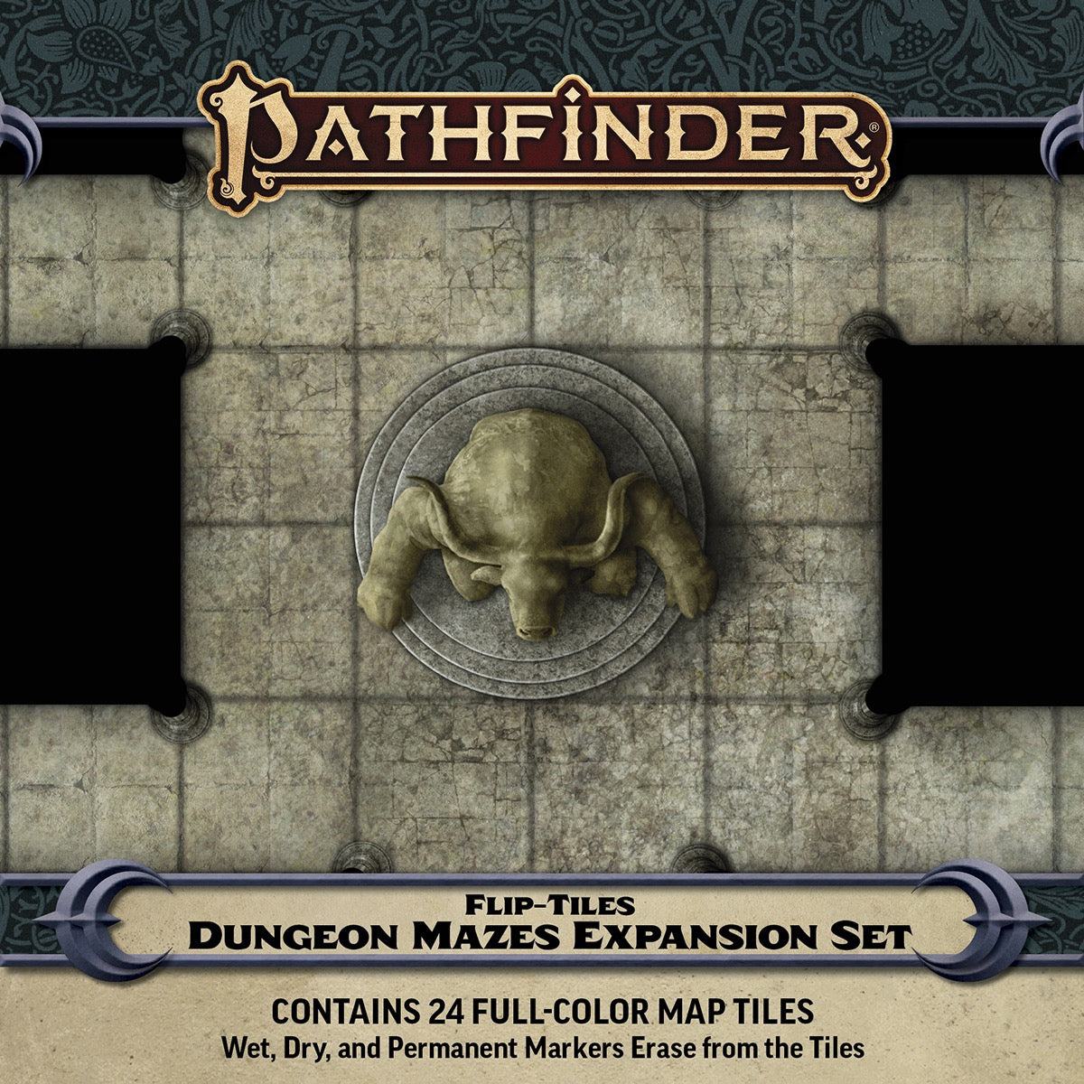 Pathfinder Flip-Tiles Dungeon Mazes Expansion Set. grey dungeon tile featuring a stone bull head statue at its center.