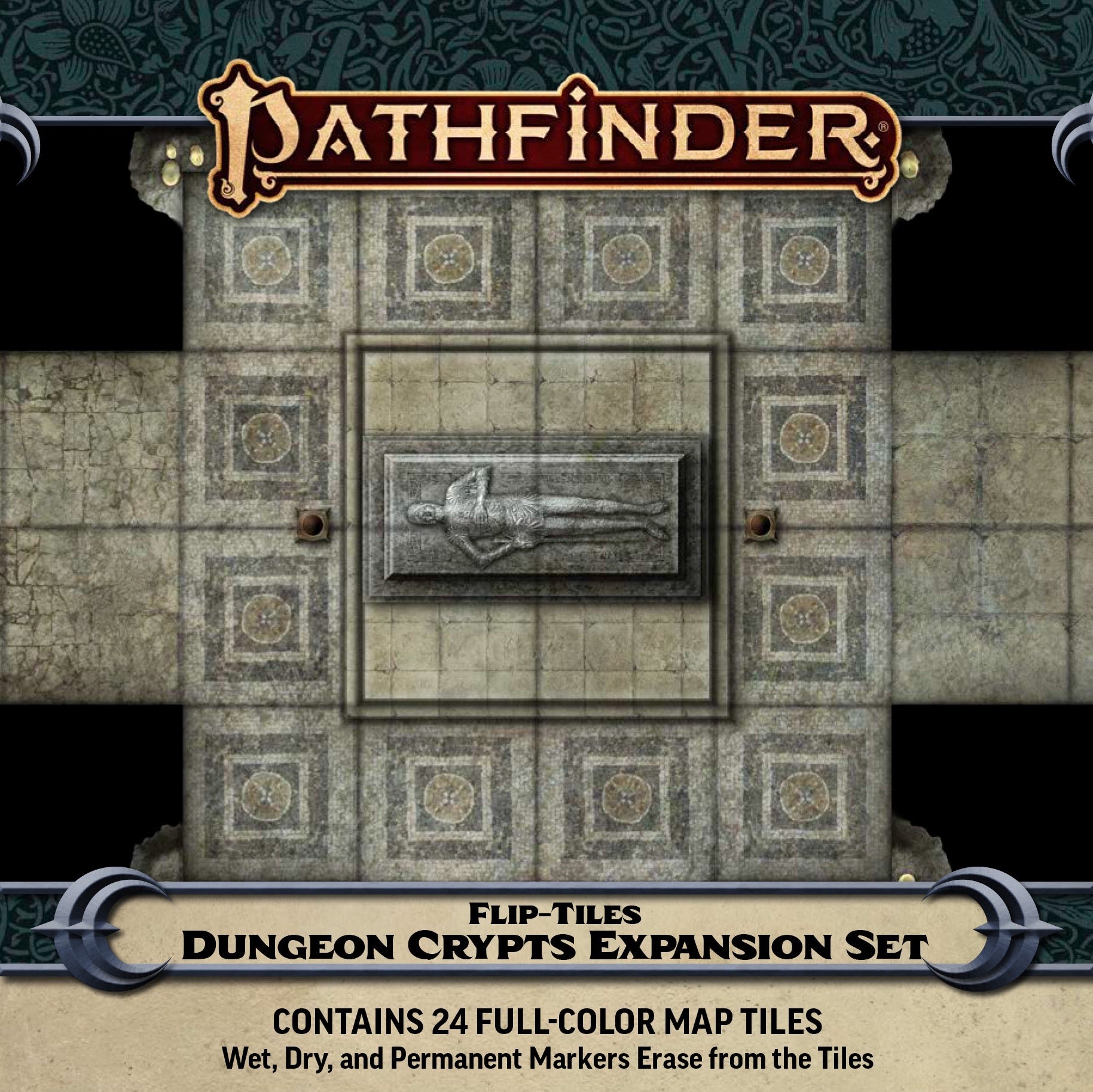 Pathfinder Flip-Tiles Dungeon Crypts map set: A modular stone crypt dungeon, centered by a sarcophagus with a carved figure.