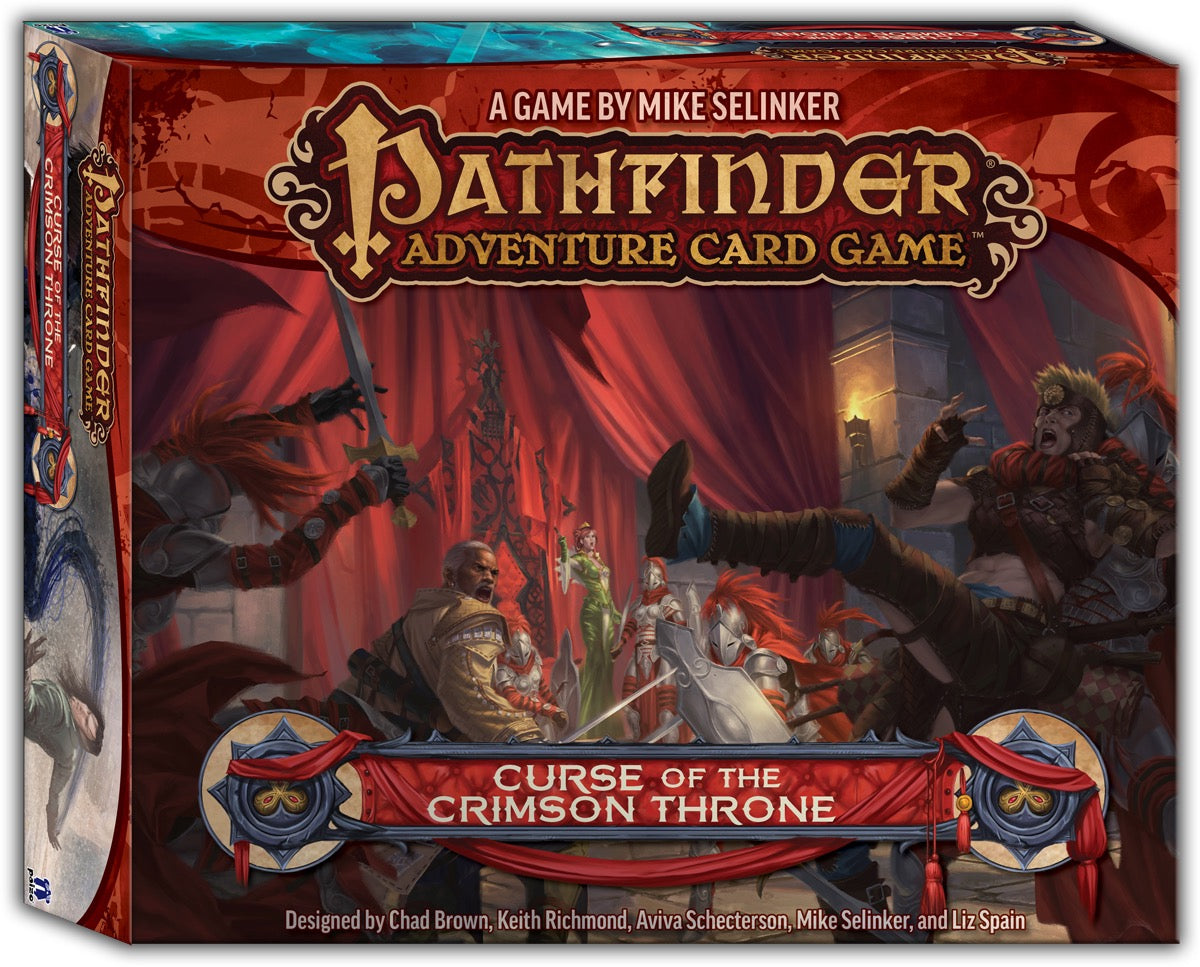 Pathfinder Adventure Card Game: Curse of the Crimson Throne box art. Heroes battle enemies in a dramatic, red-draped chamber