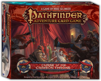 Pathfinder Adventure Card Game: Curse of the Crimson Throne box art. Heroes battle enemies in a dramatic, red-draped chamber