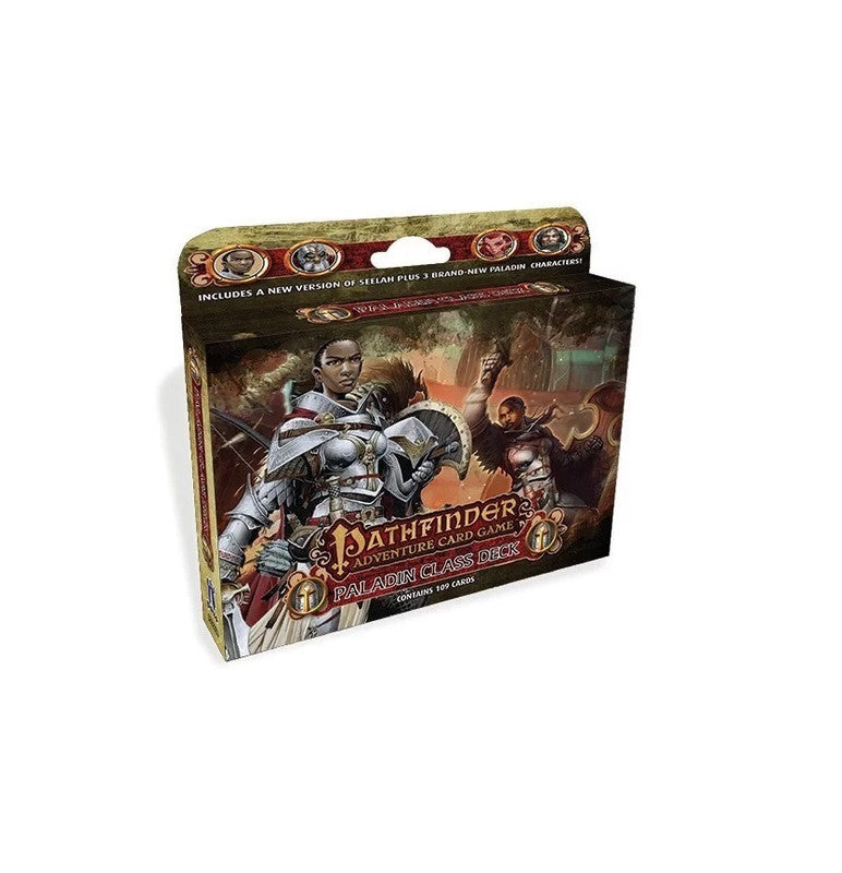 Pathfinder Adventure Card Game Paladin Class Deck box, cover shows a female paladin in plate armor & a male character