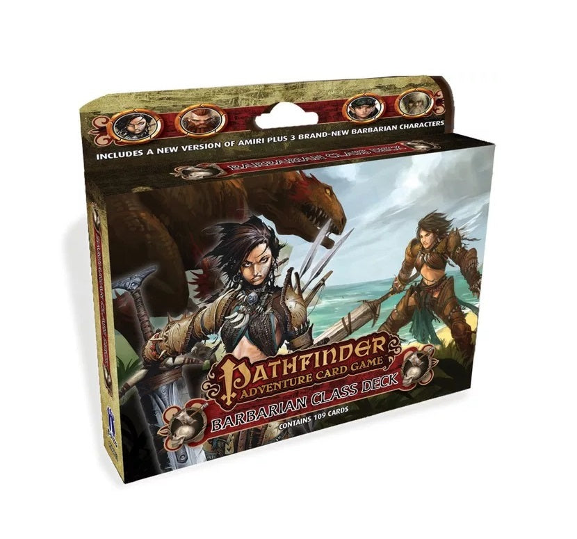 Pathfinder Adventure Card Game Barbarian Class Deck box, artwork shows two female barbarians, a red dinosaur