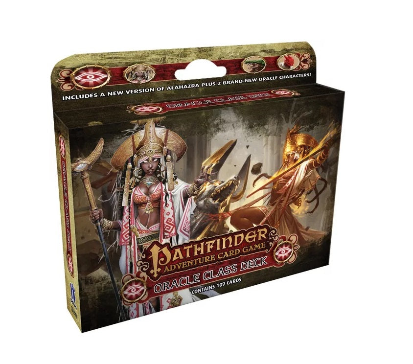 Pathfinder Adventure Card Game Oracle Class Deck box, features a robed female oracle with a staff, two armored fantasy characters