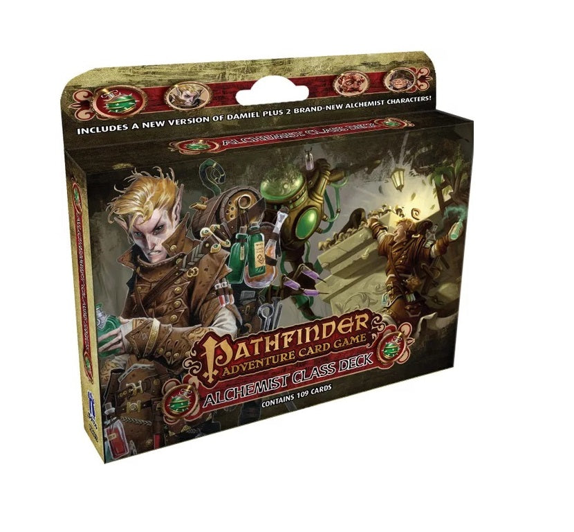 Pathfinder Adventure Card Game Alchemist Class Deck box, fantasy characters, vials, and potions on cover