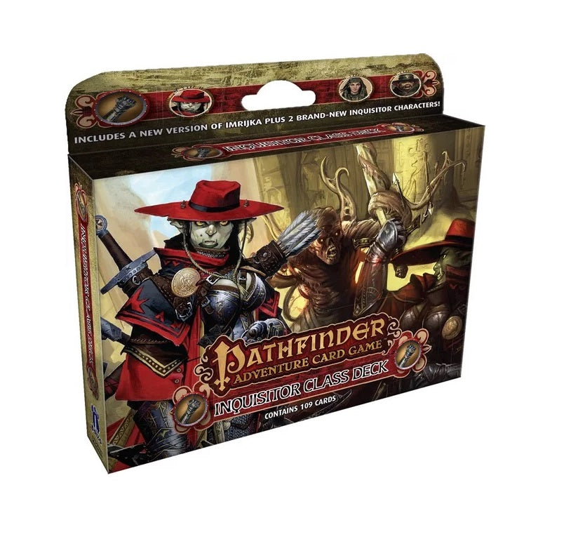 Pathfinder Adventure Card Game Inquisitor Class Deck box, features a female inquisitor in a red hat with sword, fighting monsters