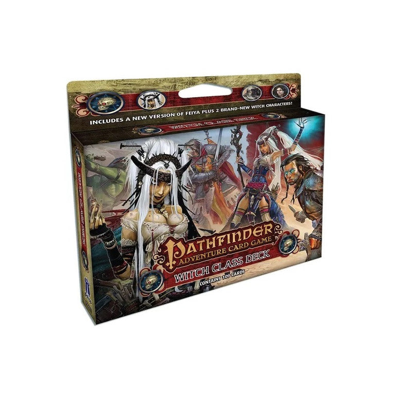 Pathfinder Adventure Card Game: Witch Class Deck box, features a pale witch with horns, a knight, and other fantasy characters