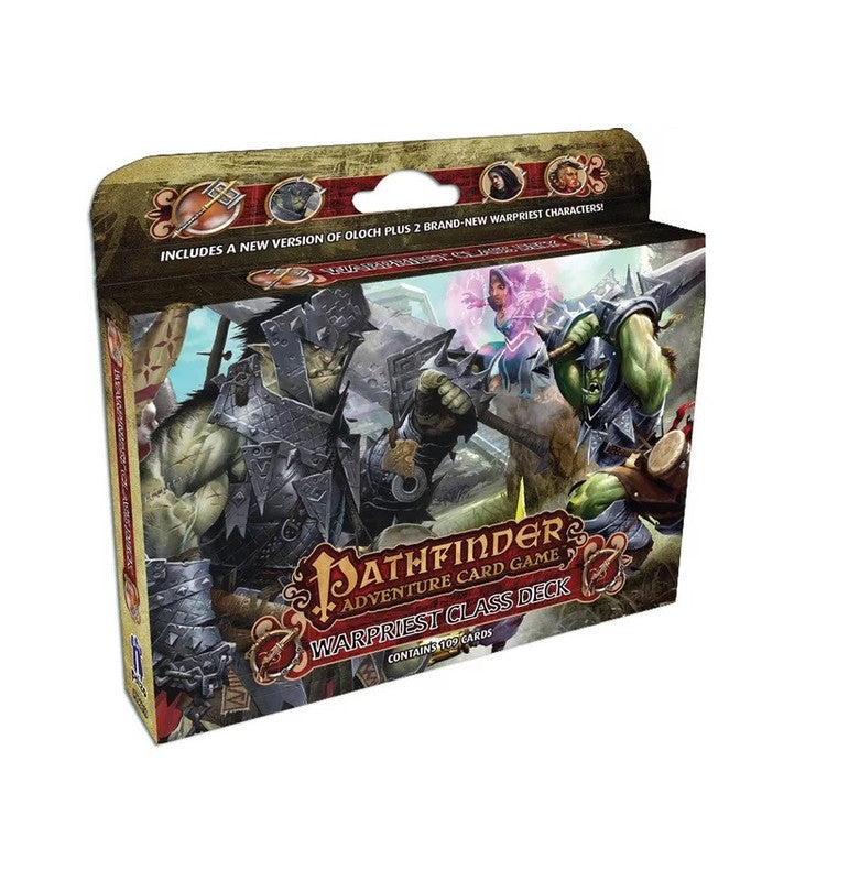 Armored orc and magic-user on the Pathfinder Adventure Card Game: Warpriest Class Deck box