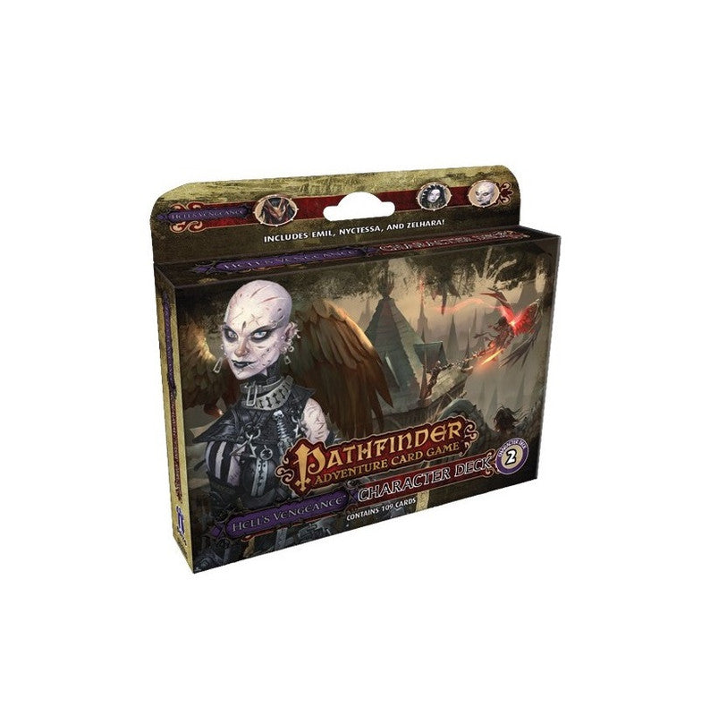 Pathfinder Adventure Card Game: Hell's Vengeance Character Deck 2 box, features a pale, bald, winged woman with scars