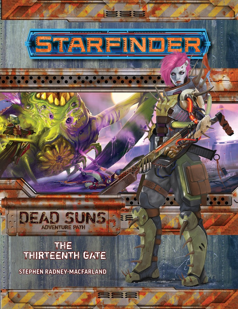 Pink-haired woman in futuristic armor with a rifle looks forward. Behind her, a grotesque green monster battles.