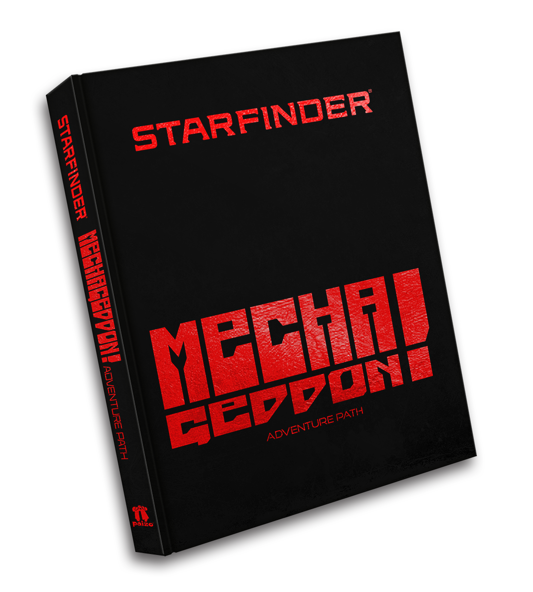 A black Starfinder Mechageddon! Adventure Path book with shiny red text.