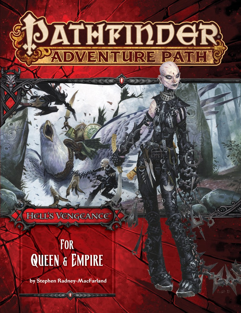 Pathfinder cover: A pale, bald woman in spiked armor looks menacingly. Behind her, a fierce battle with a griffin, warriors, and a skeleton.