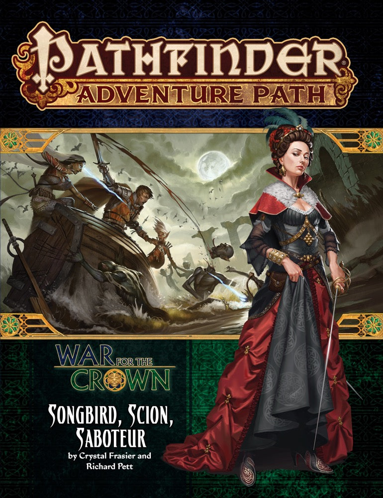 Regal woman in red gown with rapier on a Pathfinder cover. Behind her, heroes battle undead on a boat by moonlight.