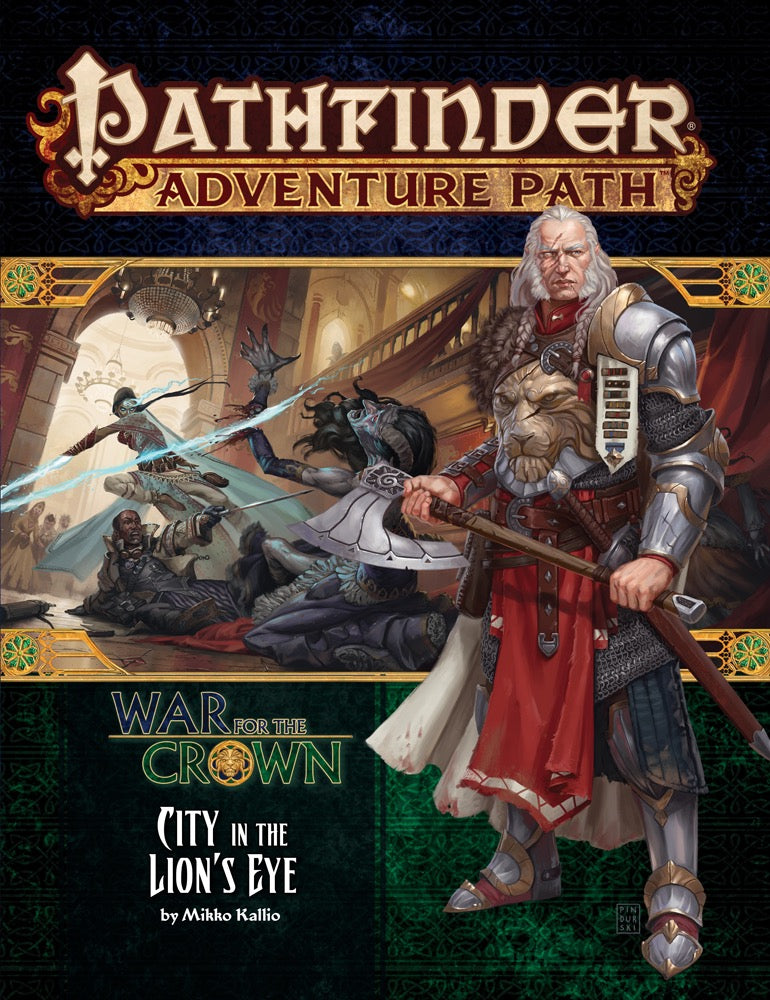 Pathfinder cover: Armored warrior with axe surveys a magical battle in a grand hall.