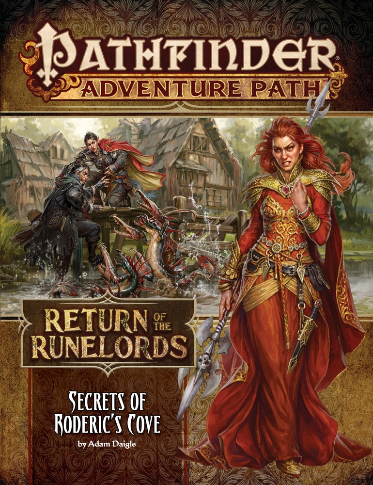 Intense red-haired woman in ornate red dress, holding a polearm. Behind her, adventurers battle water monsters in a village.