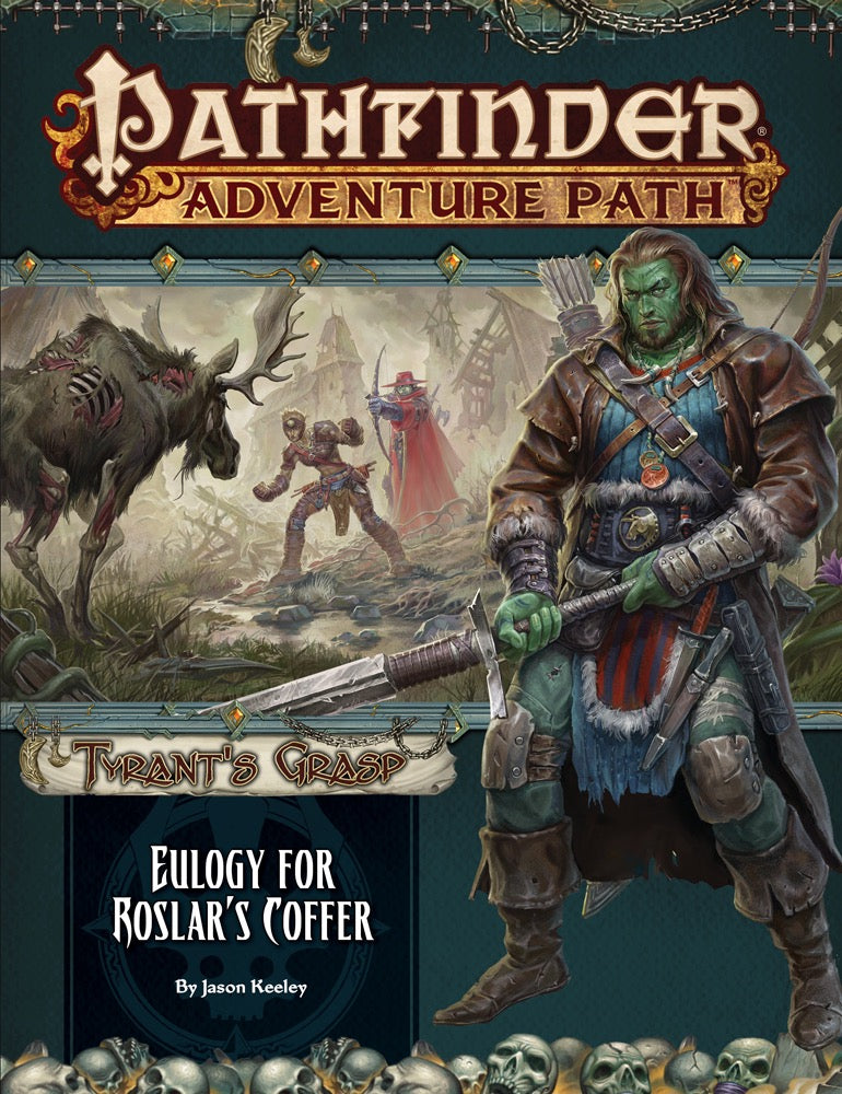 Pathfinder cover: A stern green-skinned warrior with a sword, against a ruined swampy town with a decaying moose and archer.