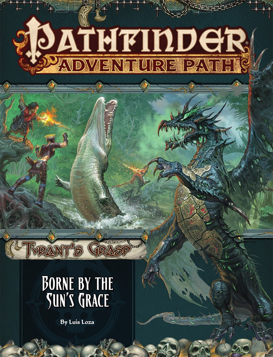 Fantasy cover: Two adventurers fight a massive white alligator as a dark, armored dragon looms in a swamp.