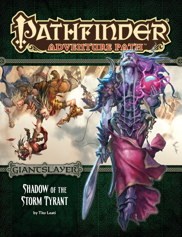 Pathfinder cover: A massive purple storm giant with a glowing orb and sword, overlooking falling adventurers.