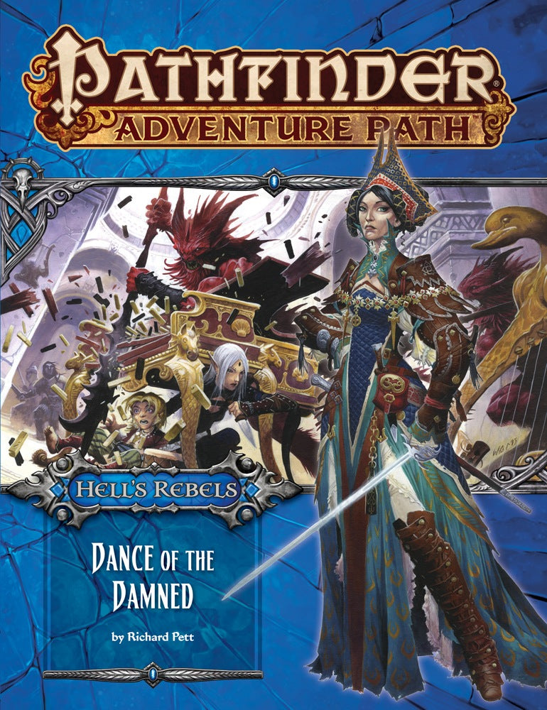 Pathfinder cover: A regal woman with a glowing sword overlooks a fantasy battle where a red demon smashes a carriage.