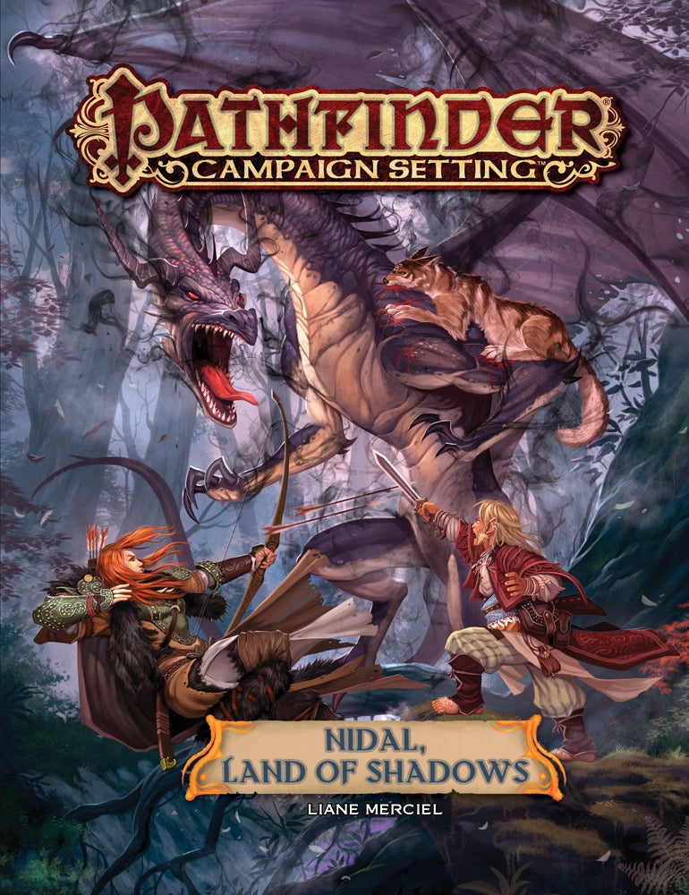 Pathfinder Nidal cover: Archer and swordsman battle a roaring draconic beast with a bleeding wolf on its back, in a shadowy forest.