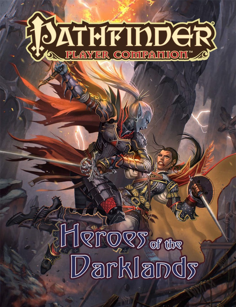 Pathfinder cover: A blue-skinned drow attacks a human fighter wielding a sword and shield in a dark -  rocky -  fiery cave