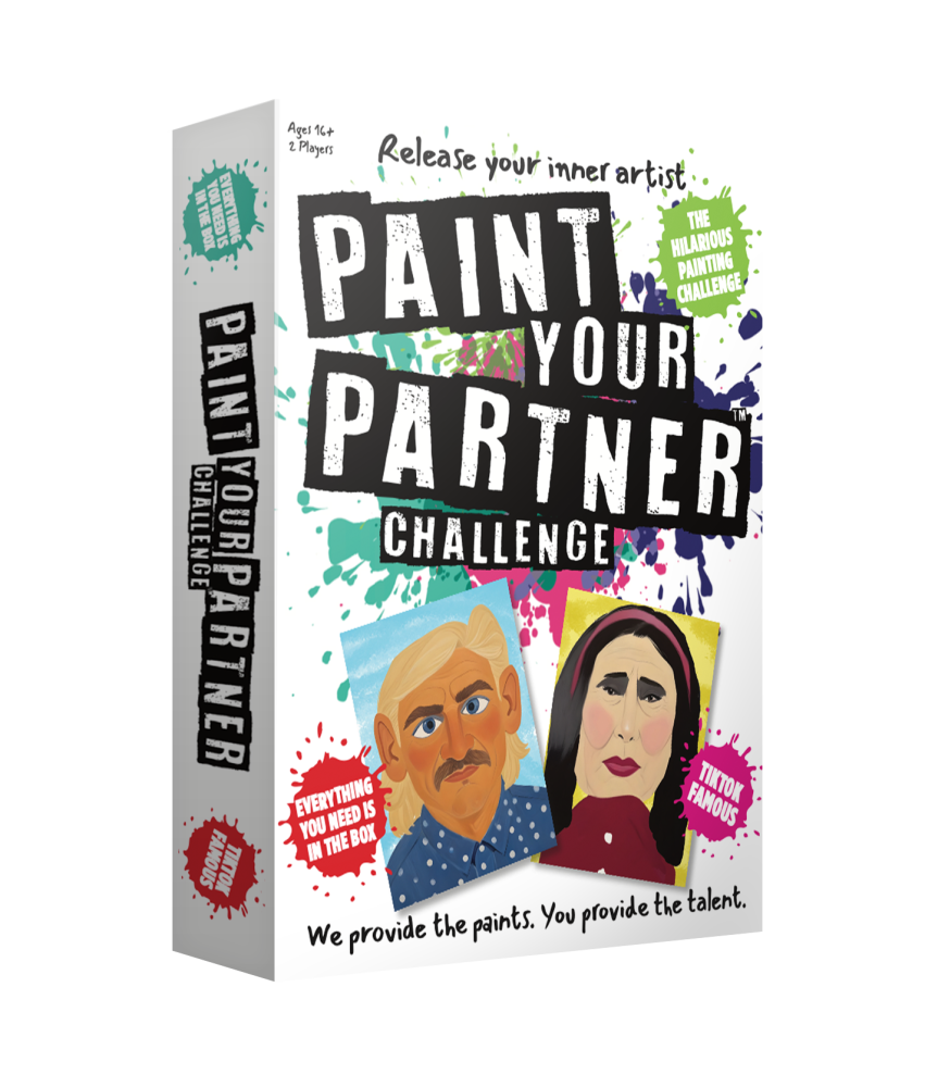 White "Paint Your Partner Challenge" game box, covered in colorful paint splatters, featuring two humorous, amateur portraits