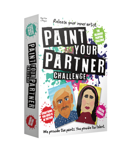 White "Paint Your Partner Challenge" game box, covered in colorful paint splatters, featuring two humorous, amateur portraits