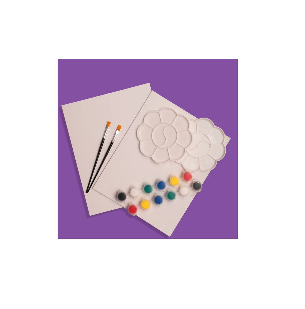 Two blank canvases, two paintbrushes, two palettes, and small pots of colorful paints on a purple surface