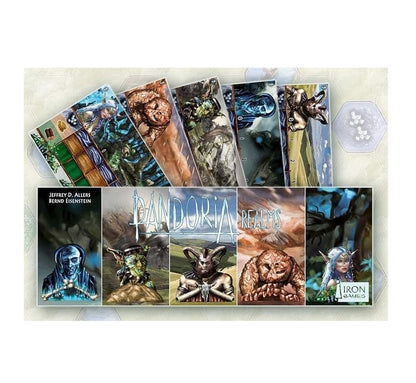 Display of Pandoria Realms board game components: six player boards with fantasy art and tracks, and six game box covers.
