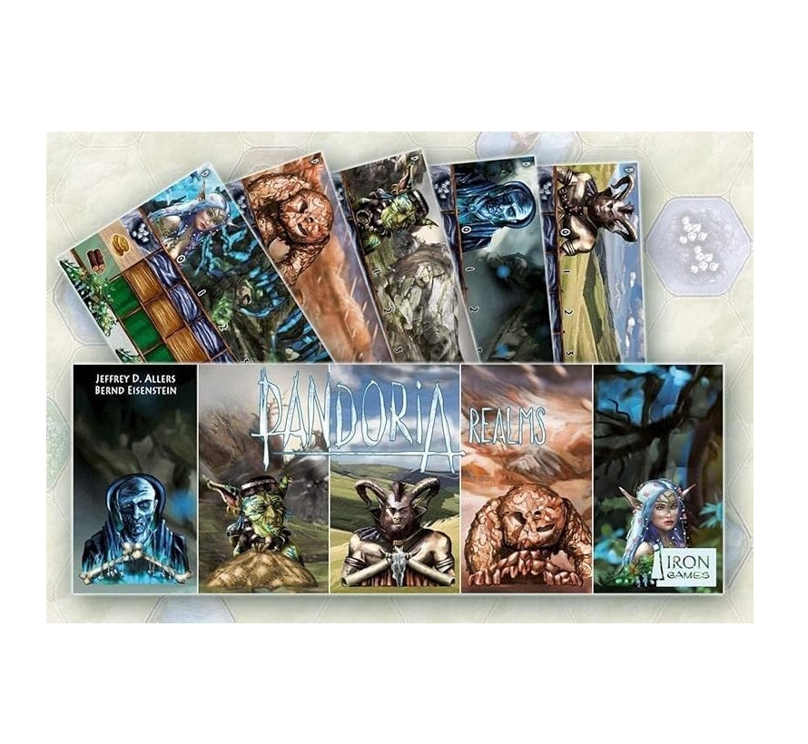 Display of Pandoria Realms board game components: six player boards with fantasy art and tracks, and six game box covers.