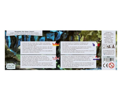 Game box with multi-language text explaining new game factions and features over a fantasy background.