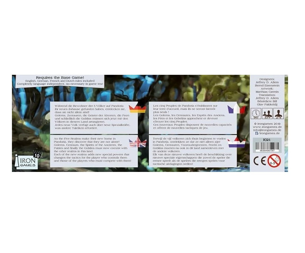 Game box with multi-language text explaining new game factions and features over a fantasy background.