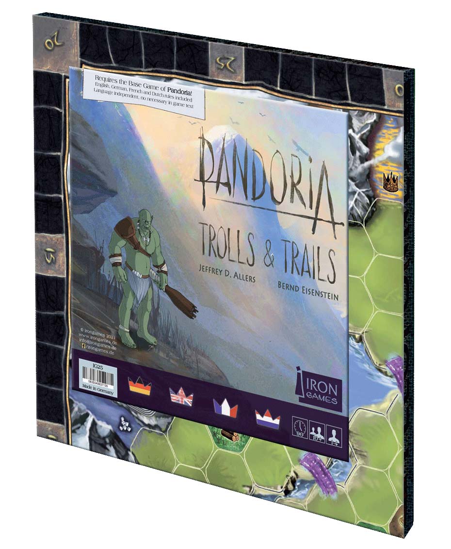 Pandoria Trolls Trails board game expansion in box showing cover art with troll character and fantasy landscape