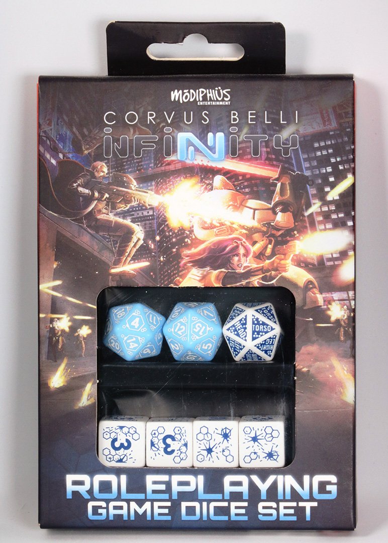 Modiphius Infinity RPG Dice Set box. Sci-fi combat art. A window shows two light blue d20s and five white d6s