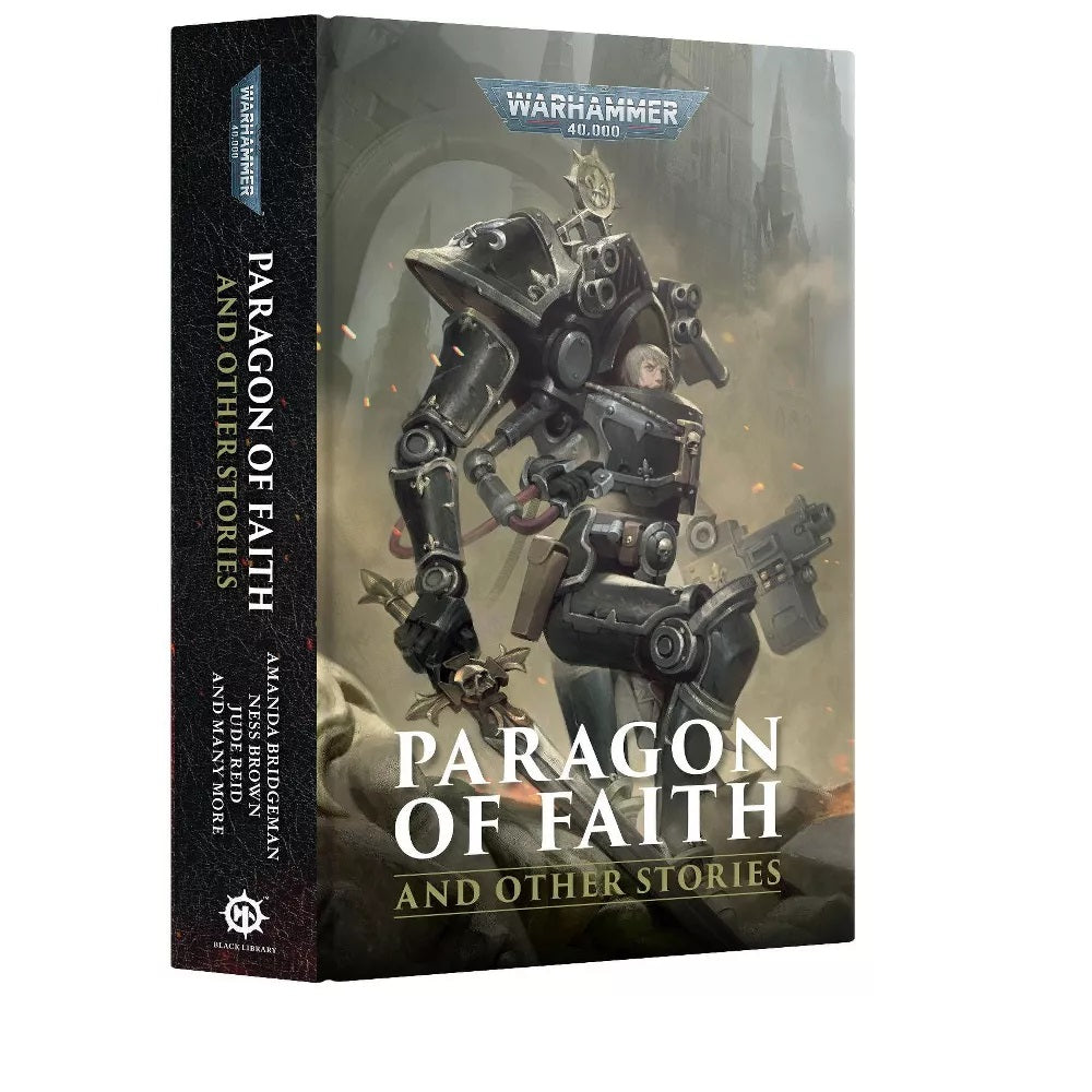 Warhammer 40,000 'Paragon of Faith' book cover: A woman in a dark power suit holds weapons in a gothic city