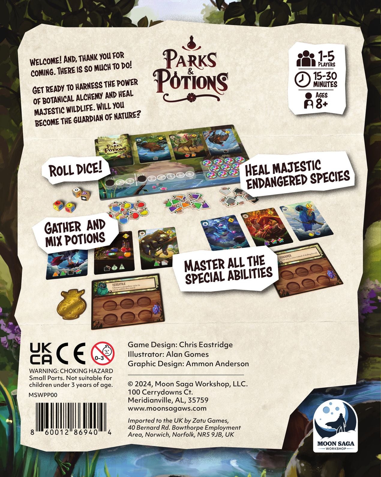 The back of the Parks & Potions game box displays various game components including cards, dice, and player boards with text outlining gameplay actions
