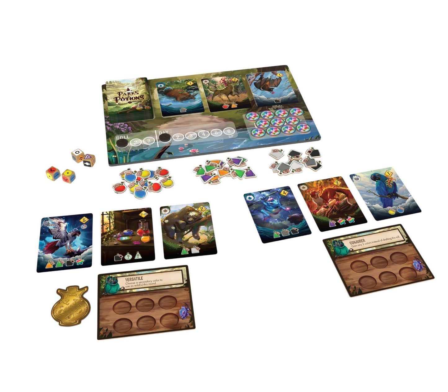 The Parks & Potions board game is set up with its main board, colorful cards featuring animals and creatures, potion tokens, resource tokens, dice, and player mats