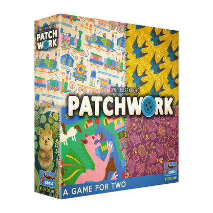 Patchwork board game box with a quilt-like cover, featuring colorful sections of trains, birds, a quokka, and a dragon