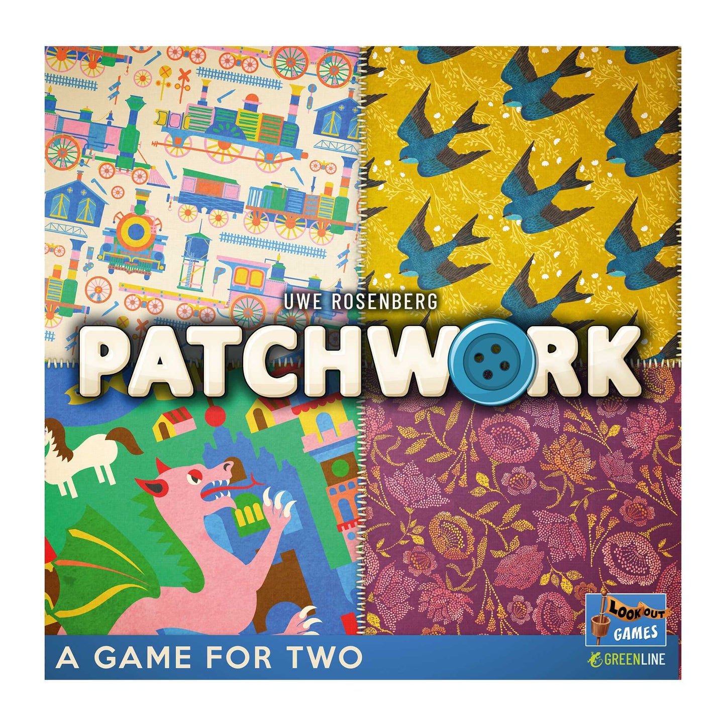 Patchwork board game cover: four quilted patches show trains, birds, a dragon, and flowers. A blue button replaces the 'O'