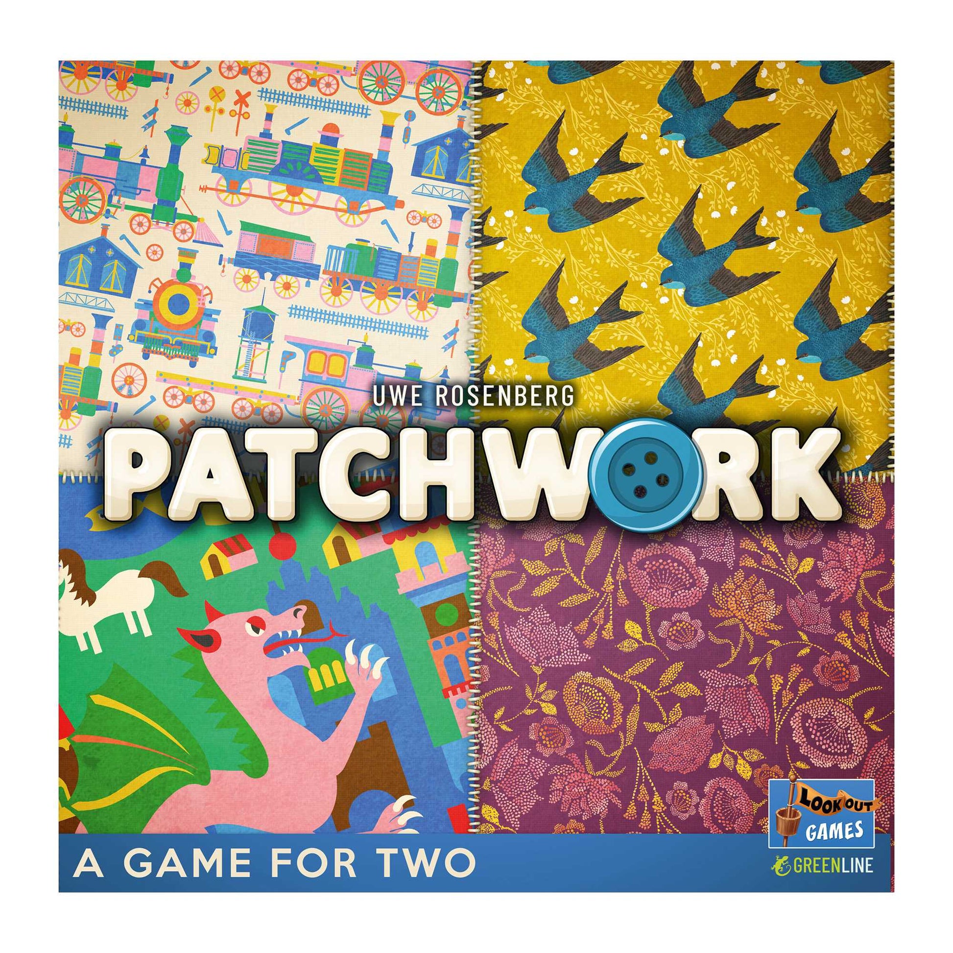 Patchwork board game cover: four quilted patches show trains, birds, a dragon, and flowers. A blue button replaces the 'O'