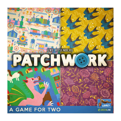 Patchwork board game cover: four quilted patches show trains, birds, a dragon, and flowers. A blue button replaces the 'O'