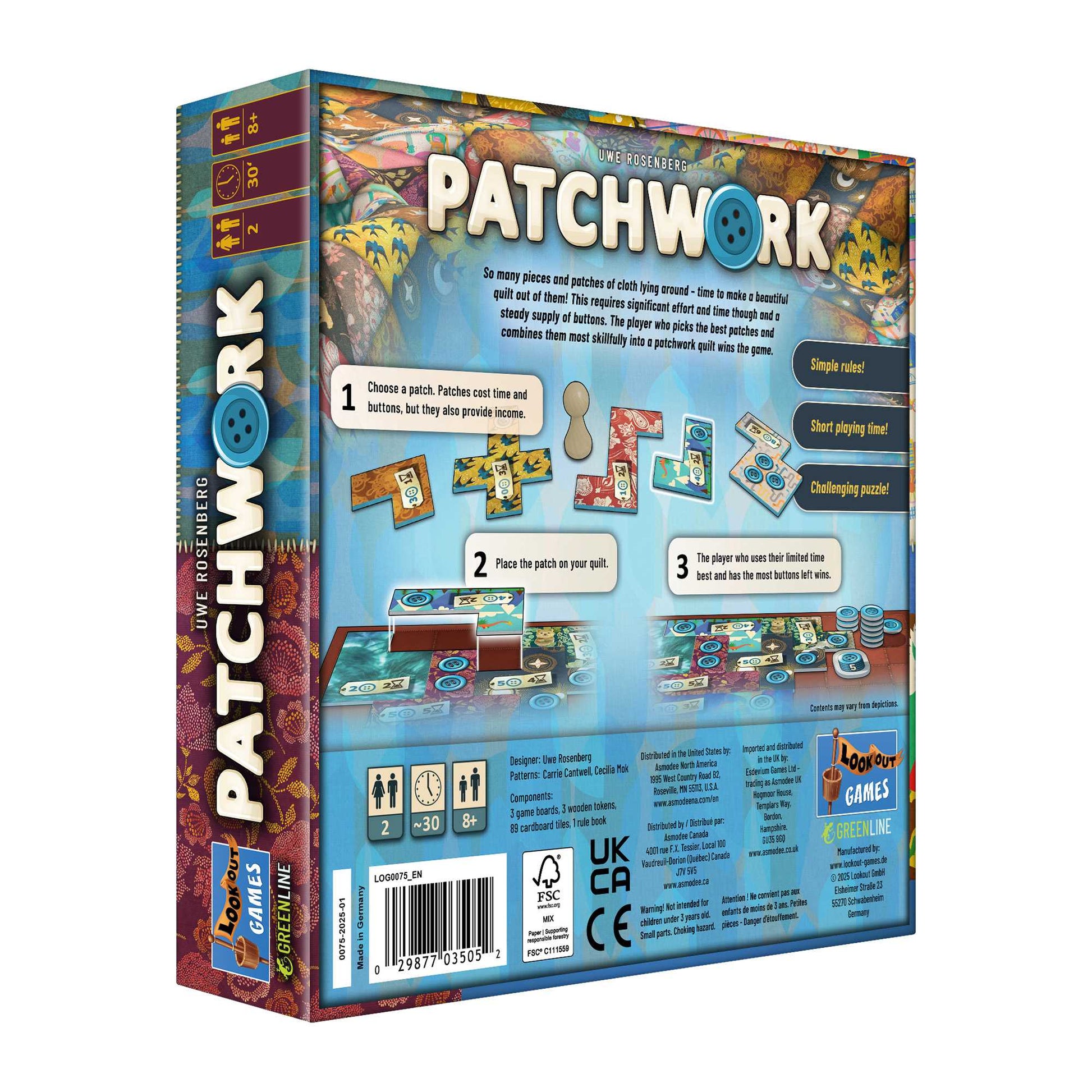 Patchwork board game box - colorful fabric patches, buttons, and gameplay examples illustrate building a quilt